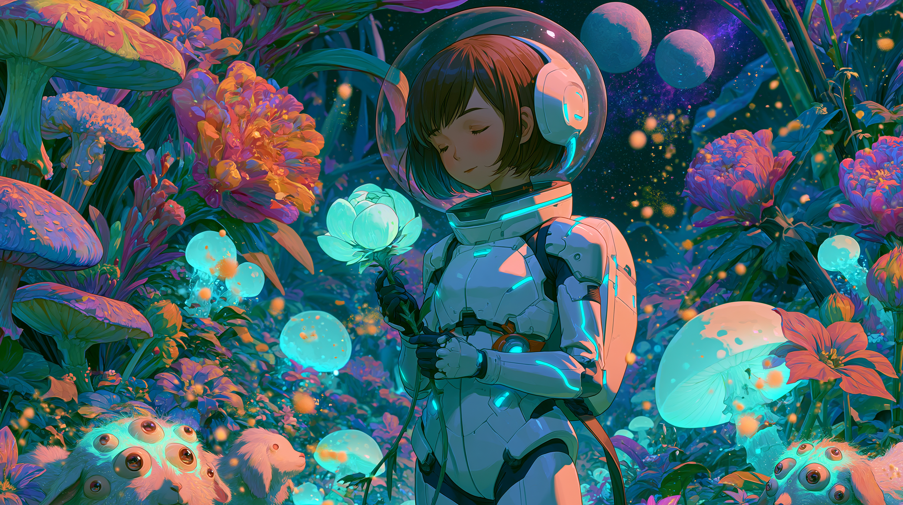Astronaut Discovering Bioluminescent Flora on Alien World - alternate