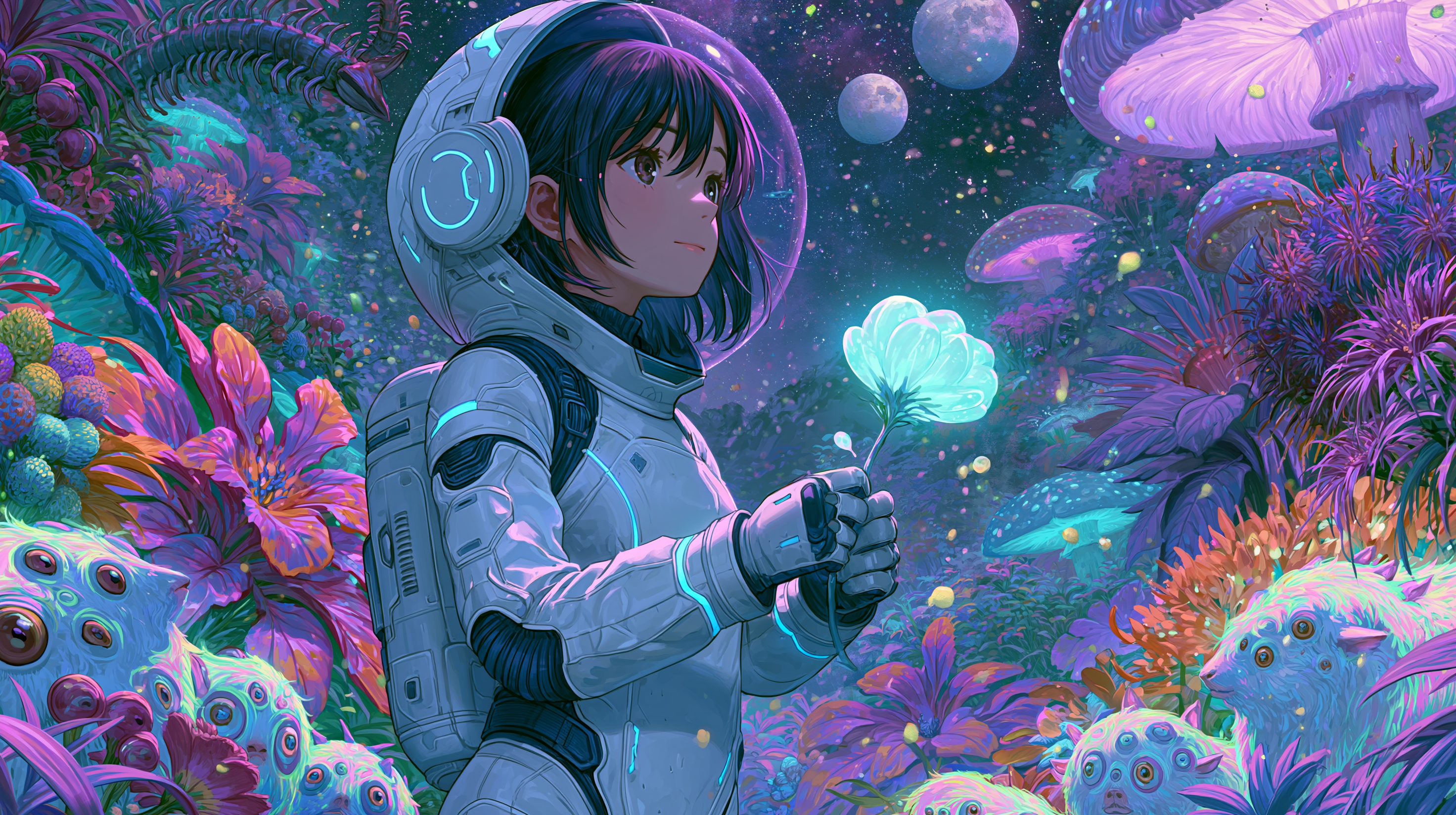 Astronaut Discovering Bioluminescent Flora on Alien World - alternate