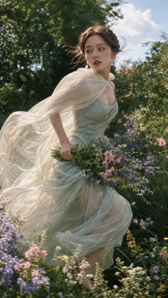 East Asian Woman in Sage Green Satin among Summer Wildflowers