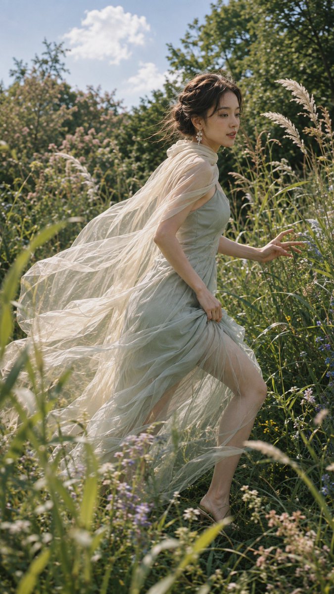 East Asian Woman in Sage Green Satin among Summer Wildflowers - alternate