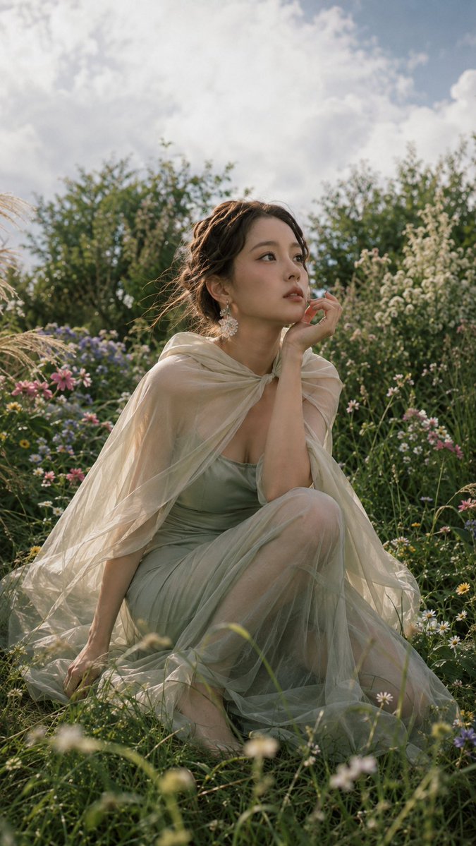 East Asian Woman in Sage Green Satin among Summer Wildflowers - alternate