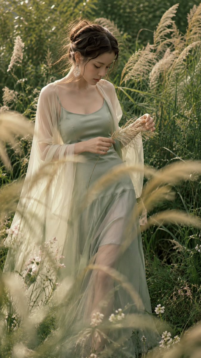 East Asian Woman in Sage Green Satin among Summer Wildflowers - alternate
