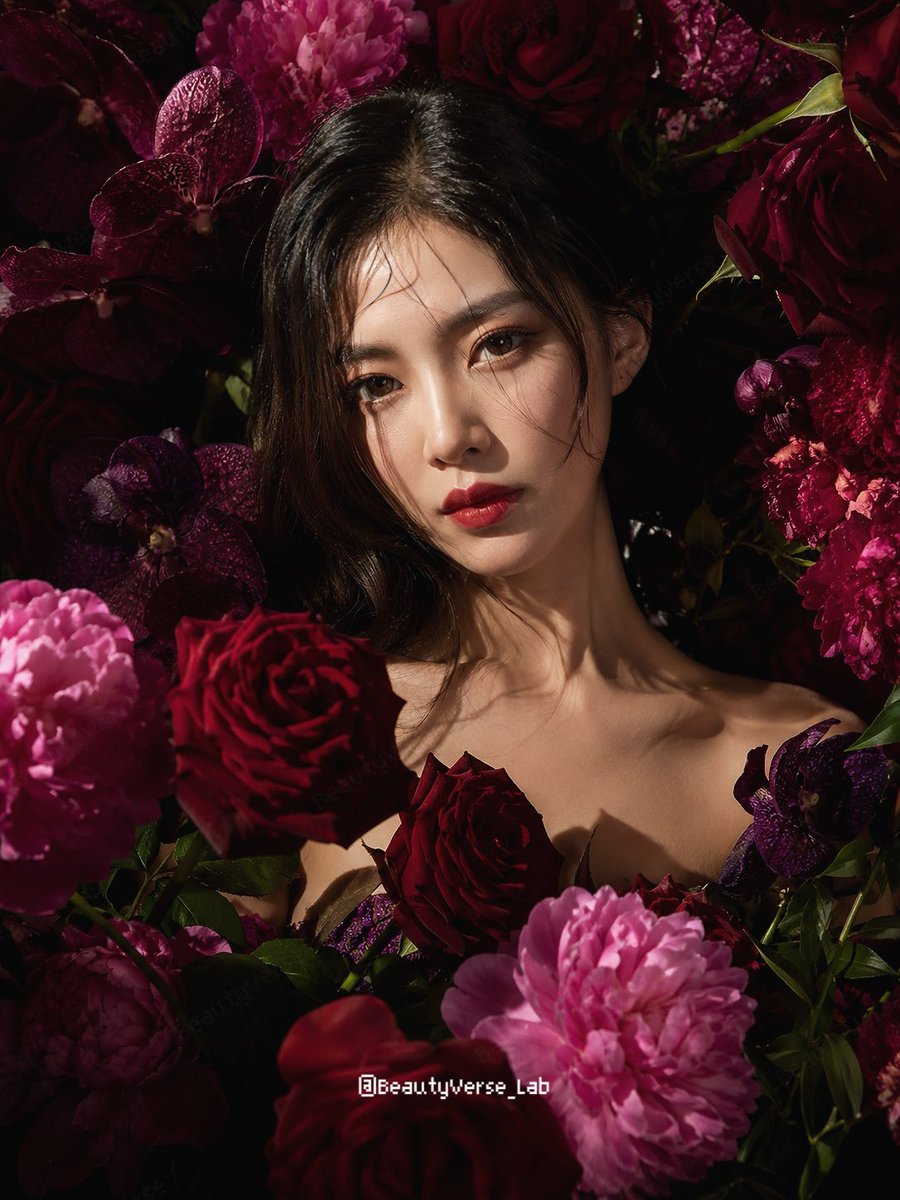 Japanese Elegance in a Crimson Floral Sea - alternate