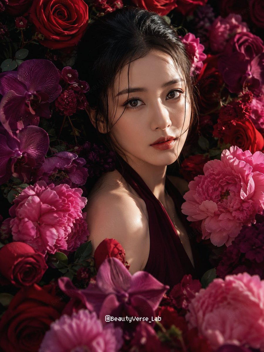 Japanese Elegance in a Crimson Floral Sea - alternate