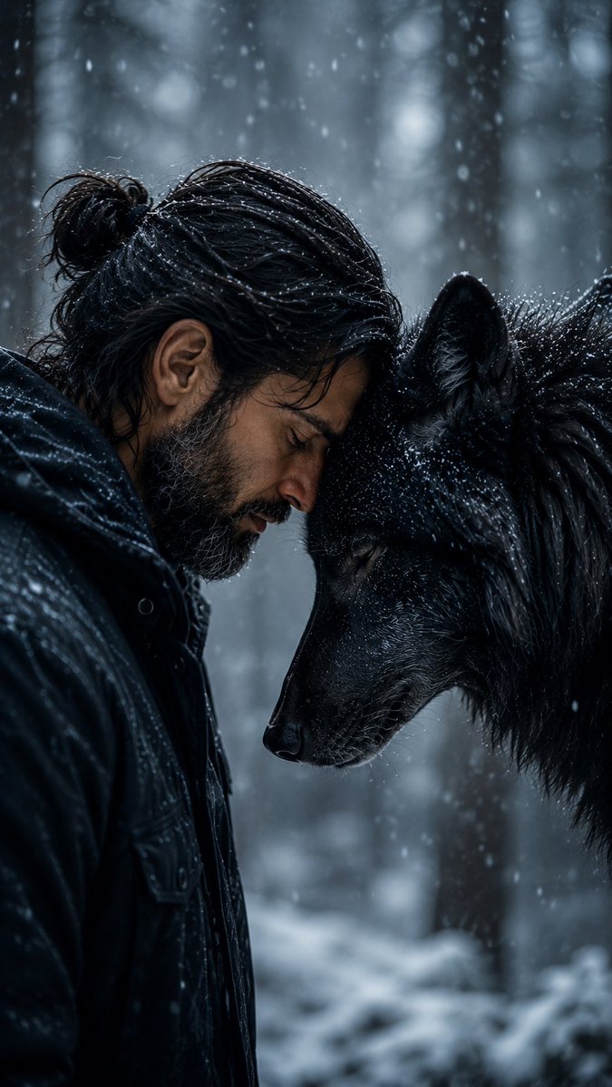 Spiritual Bond Between Man and Black Wolf