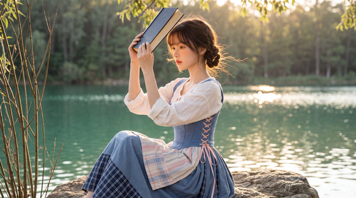 Cottagecore Muse Reading by the Golden Lake - alternate
