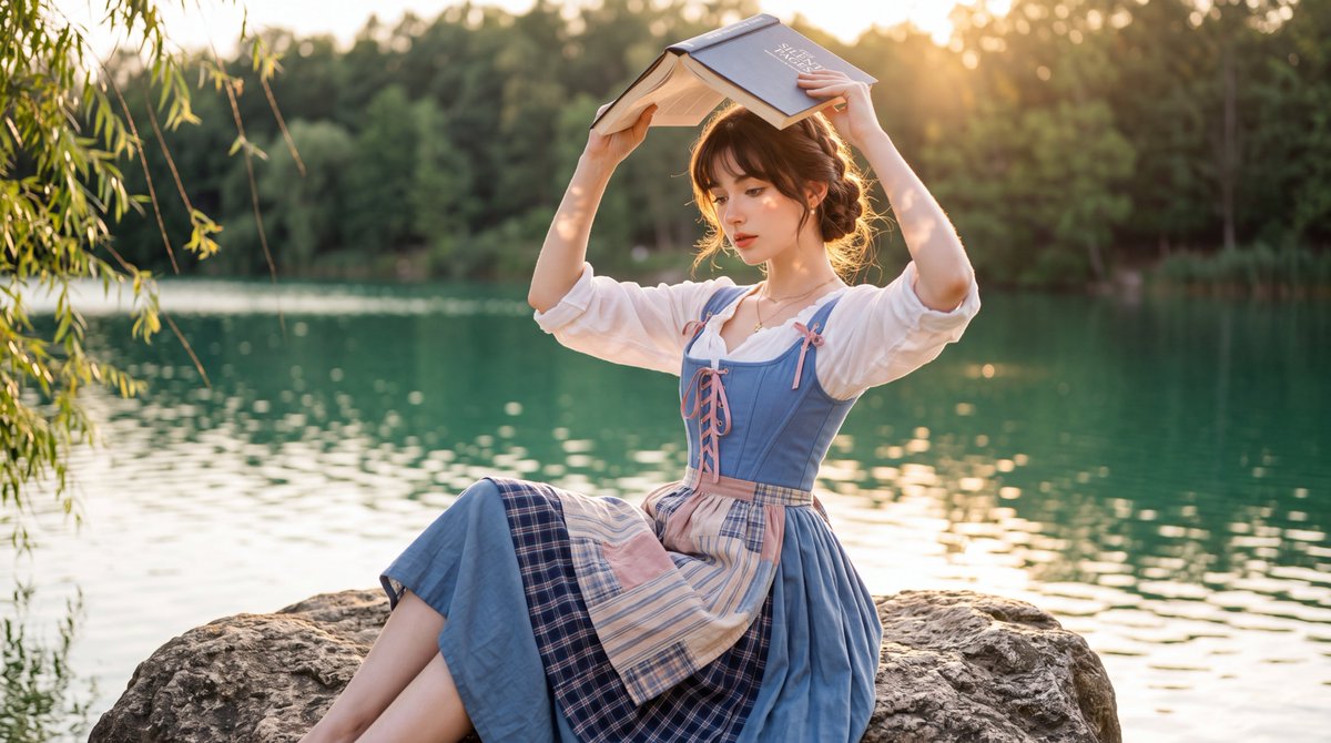 Cottagecore Muse Reading by the Golden Lake - alternate